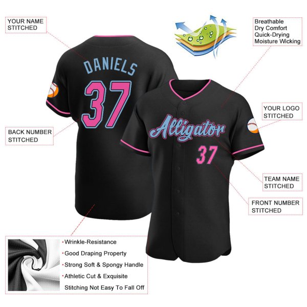 Men's Custom Black Pink-Light Blue Authentic Baseball Jersey